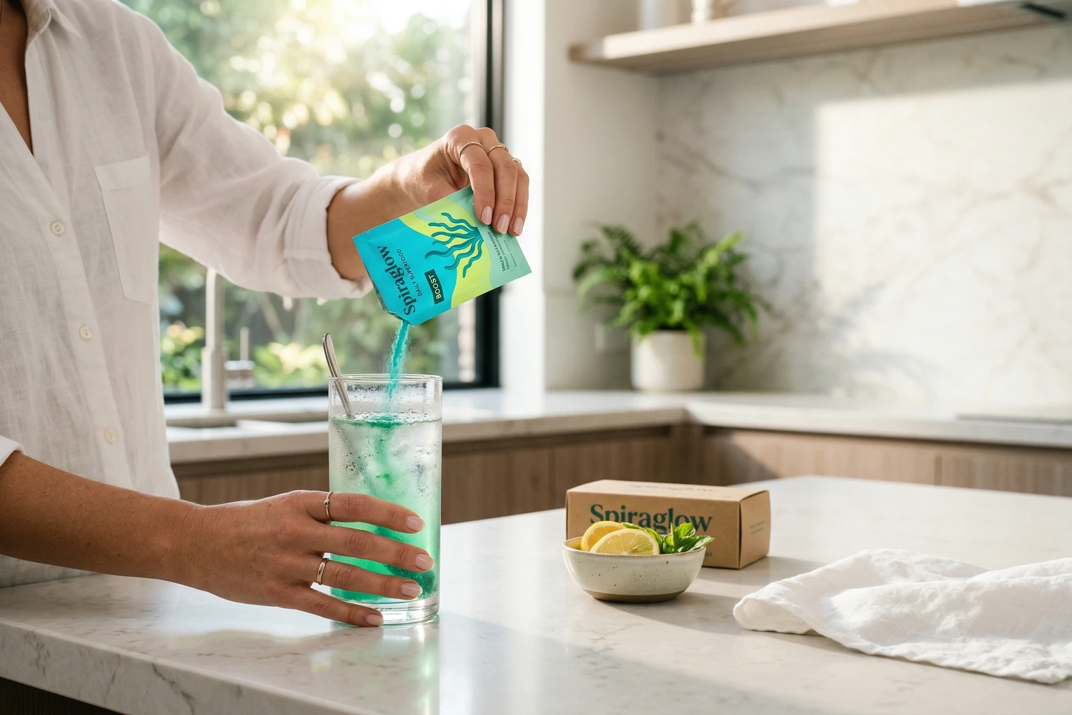 Spiraglow being poured into sparkling water on a bright kitchen counter