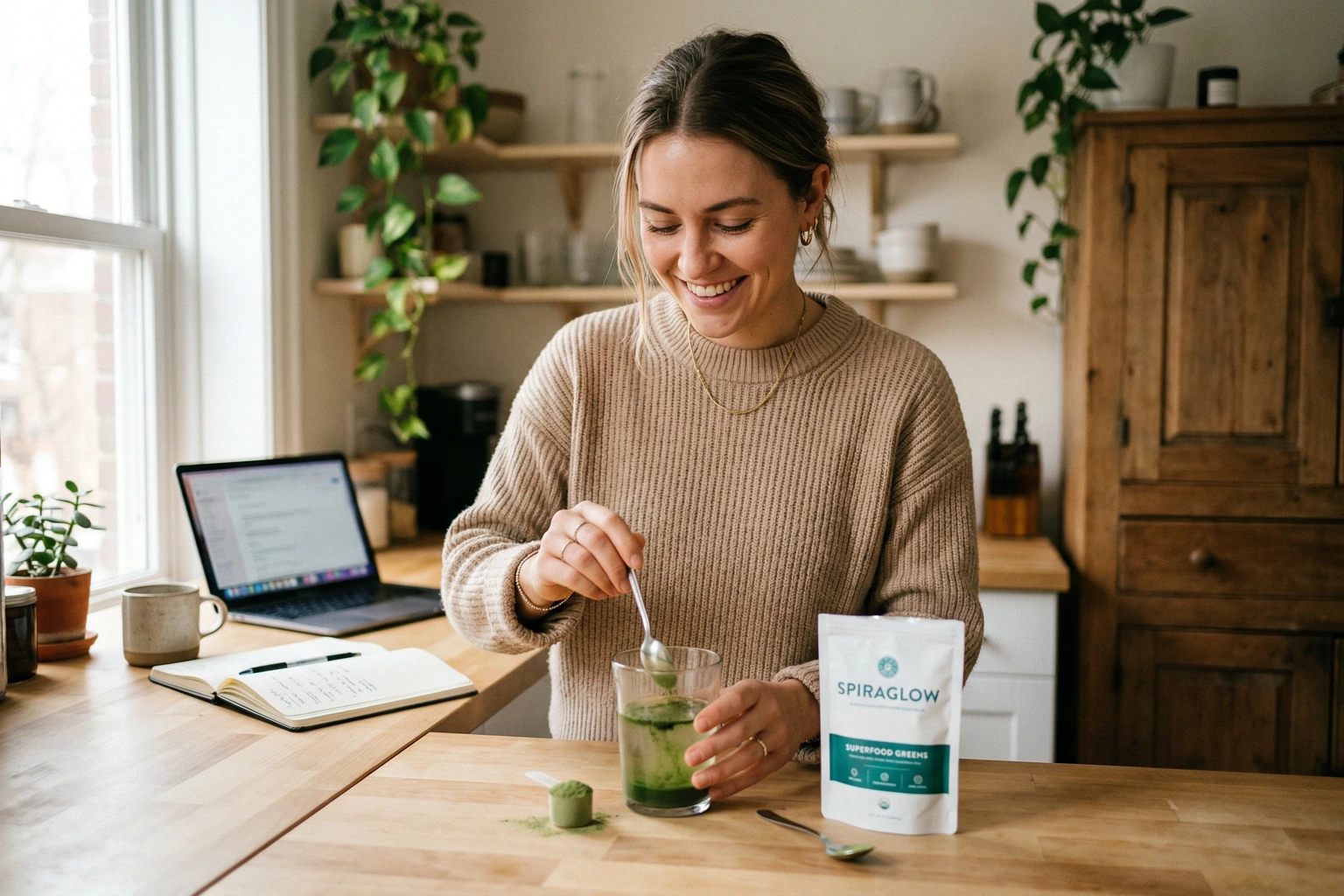 Creator mixing Spiraglow at a bright desk in a morning routine