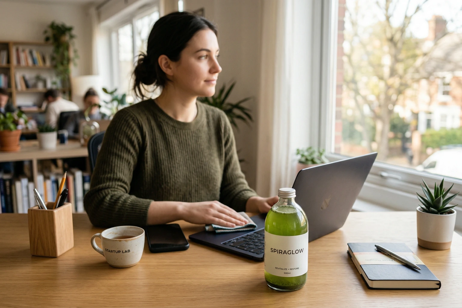 Creator working through an afternoon office reset with Spiraglow nearby